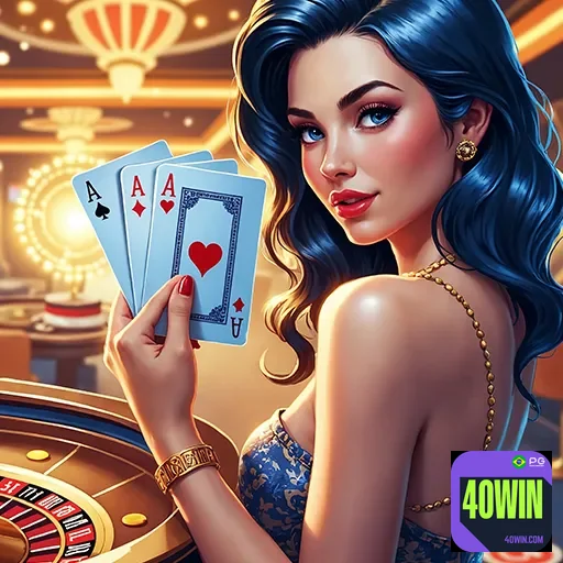 Imagem de um cassino com jogos de azar, promovendo o site 40win para apostas e entretenimento.